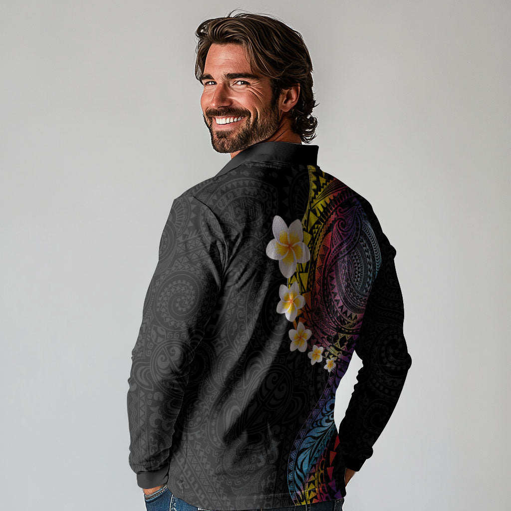 Hawaiian Tribal Tattoo and Plumeria Long Sleeve Polo Shirt Polynesian Pattern Rainbow