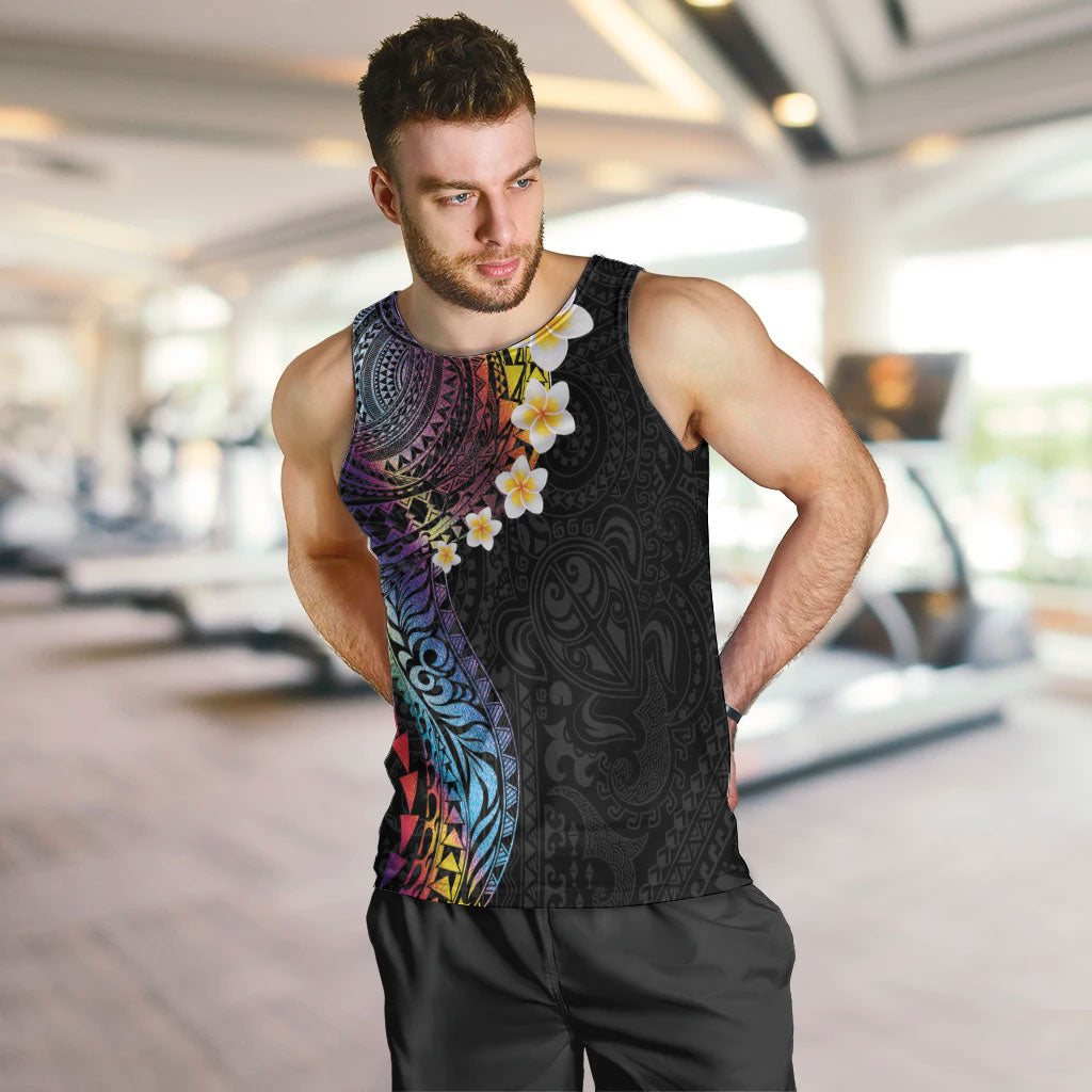 Hawaiian Tribal Tattoo and Plumeria Men Tank Top Polynesian Pattern Rainbow