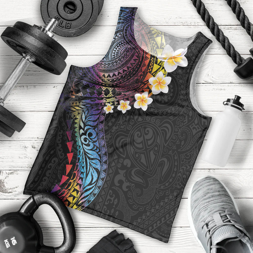 Hawaiian Tribal Tattoo and Plumeria Men Tank Top Polynesian Pattern Rainbow
