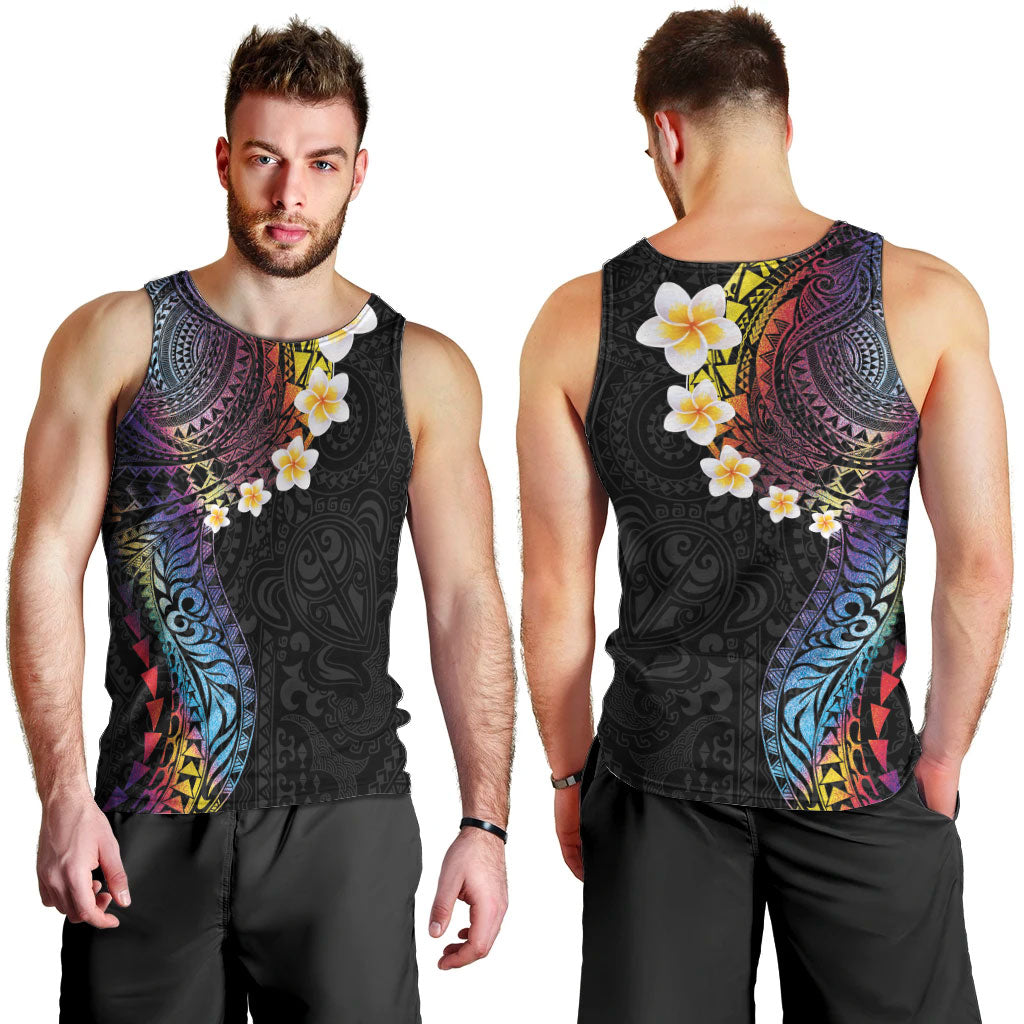 Hawaiian Tribal Tattoo and Plumeria Men Tank Top Polynesian Pattern Rainbow