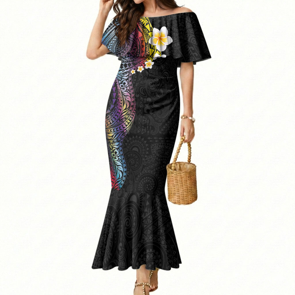 Hawaiian Tribal Tattoo and Plumeria Mermaid Dress Polynesian Pattern Rainbow