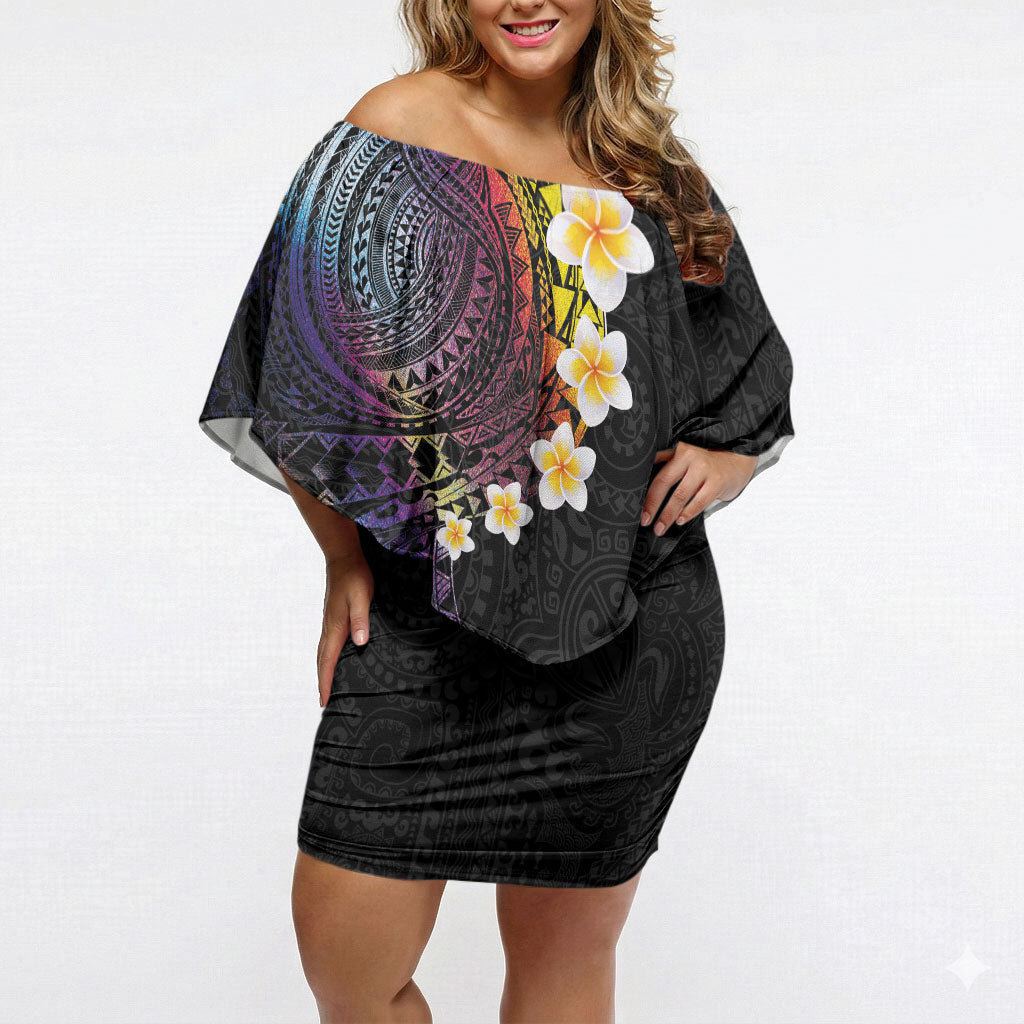 Hawaiian Tribal Tattoo and Plumeria Off Shoulder Short Dress Polynesian Pattern Rainbow