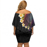Hawaiian Tribal Tattoo and Plumeria Off Shoulder Short Dress Polynesian Pattern Rainbow