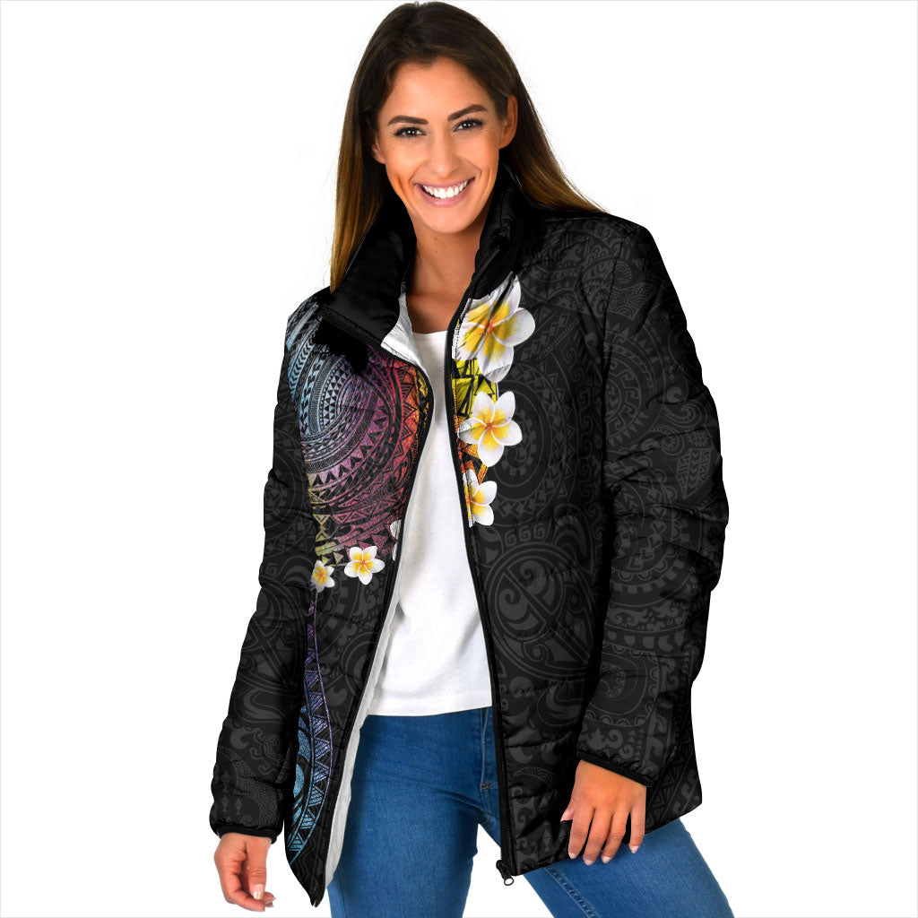 Hawaiian Tribal Tattoo and Plumeria Padded Jacket Polynesian Pattern Rainbow