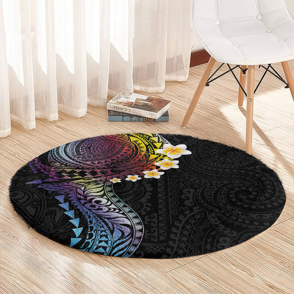 Hawaiian Tribal Tattoo and Plumeria Round Carpet Polynesian Pattern Rainbow