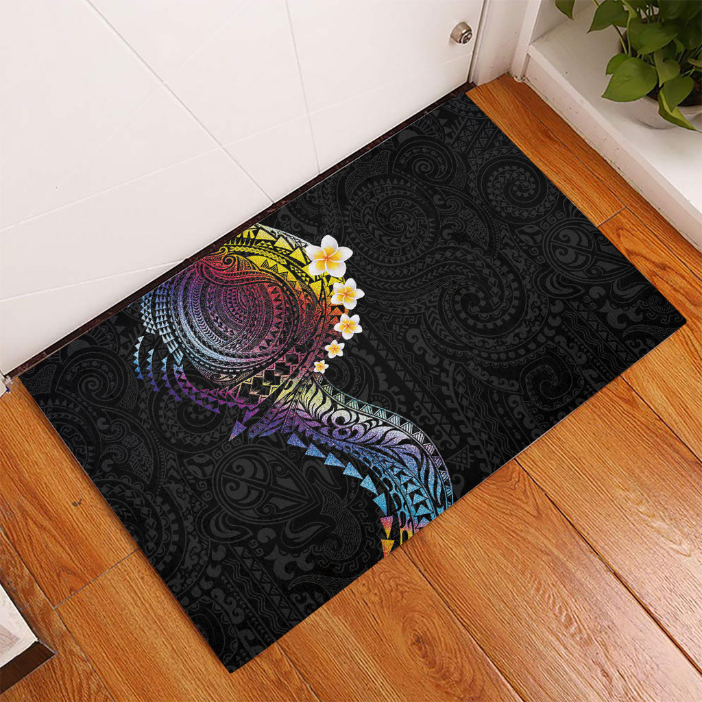 Hawaiian Tribal Tattoo and Plumeria Rubber Doormat Polynesian Pattern Rainbow