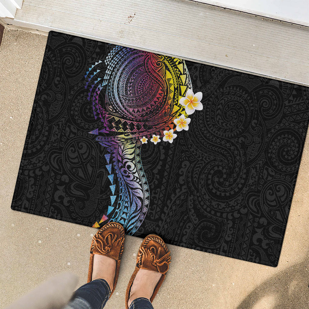 Hawaiian Tribal Tattoo and Plumeria Rubber Doormat Polynesian Pattern Rainbow