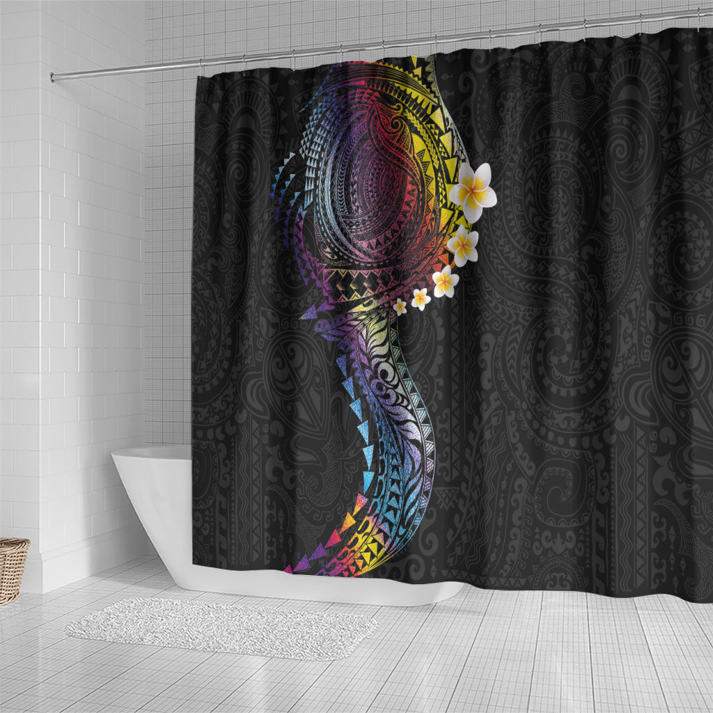 Hawaiian Tribal Tattoo and Plumeria Shower Curtain Polynesian Pattern Rainbow