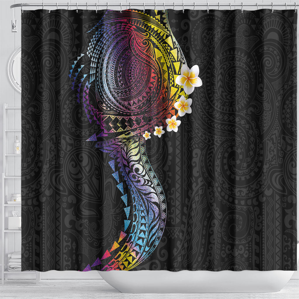 Hawaiian Tribal Tattoo and Plumeria Shower Curtain Polynesian Pattern Rainbow