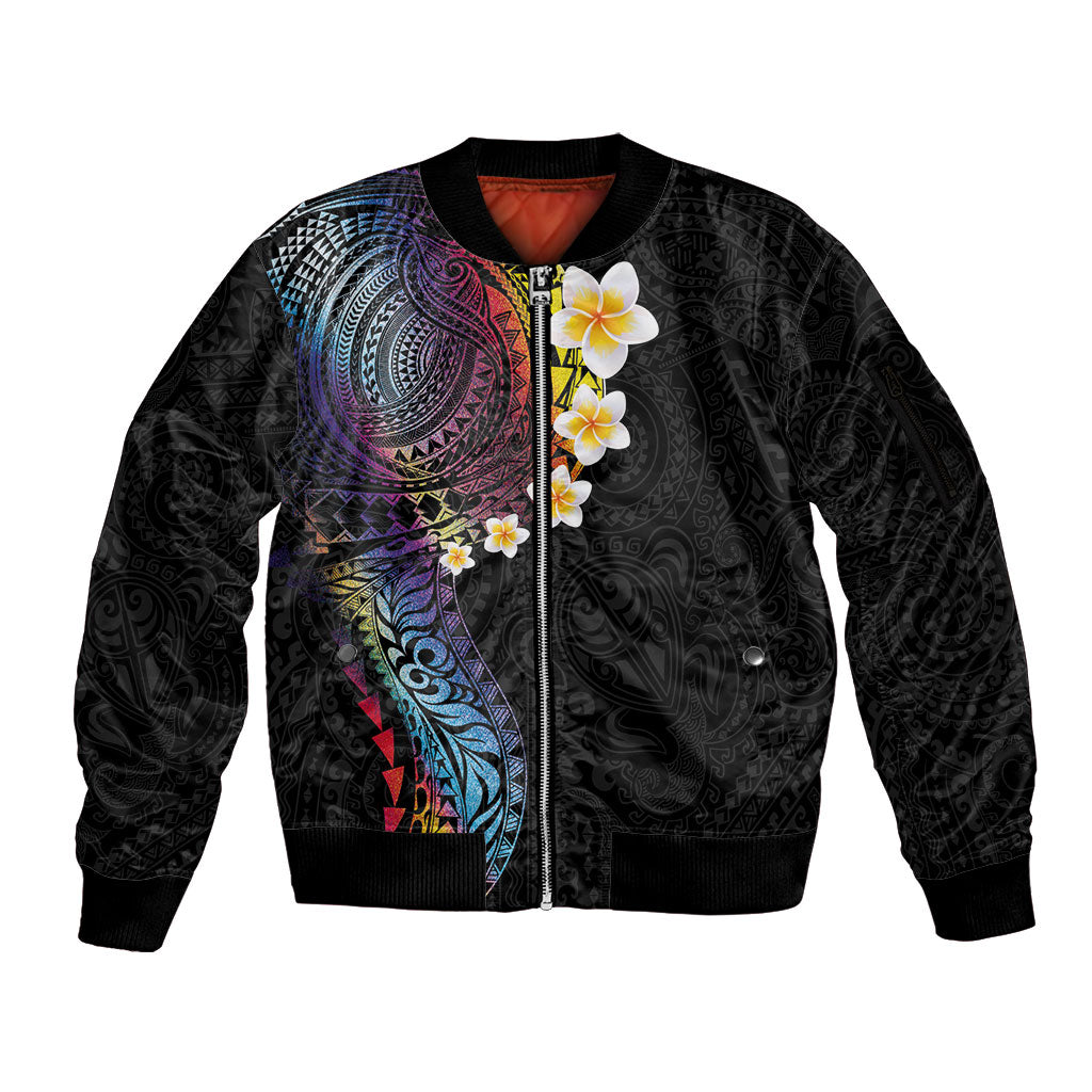 Hawaiian Tribal Tattoo and Plumeria Sleeve Zip Bomber Jacket Polynesian Pattern Rainbow