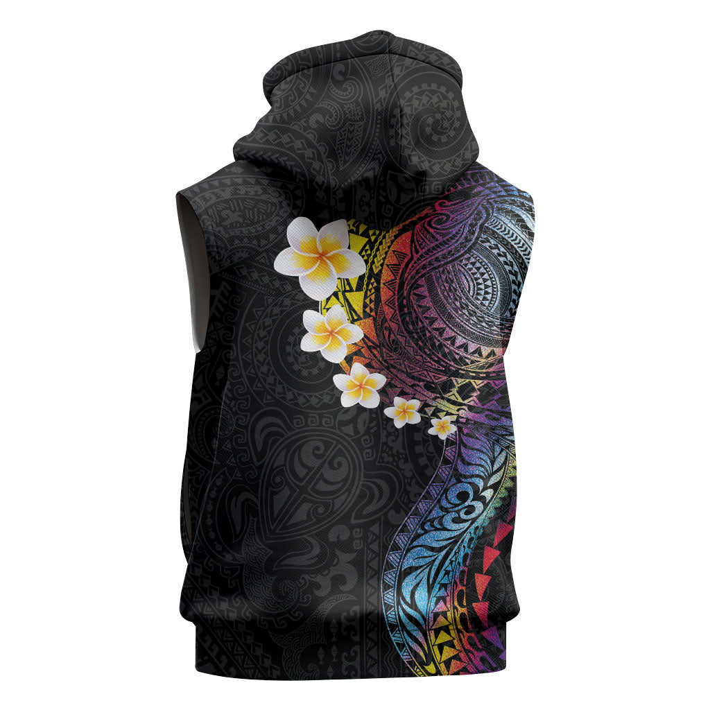 Hawaiian Tribal Tattoo and Plumeria Sleeveless Zip Hoodie Polynesian Pattern Rainbow