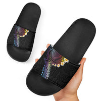 Hawaiian Tribal Tattoo and Plumeria Slide Sandals Polynesian Pattern Rainbow