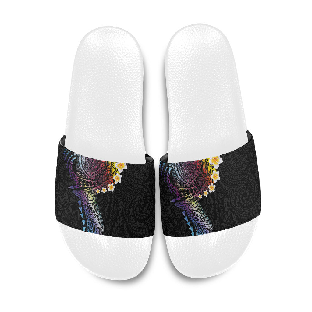 Hawaiian Tribal Tattoo and Plumeria Slide Sandals Polynesian Pattern Rainbow