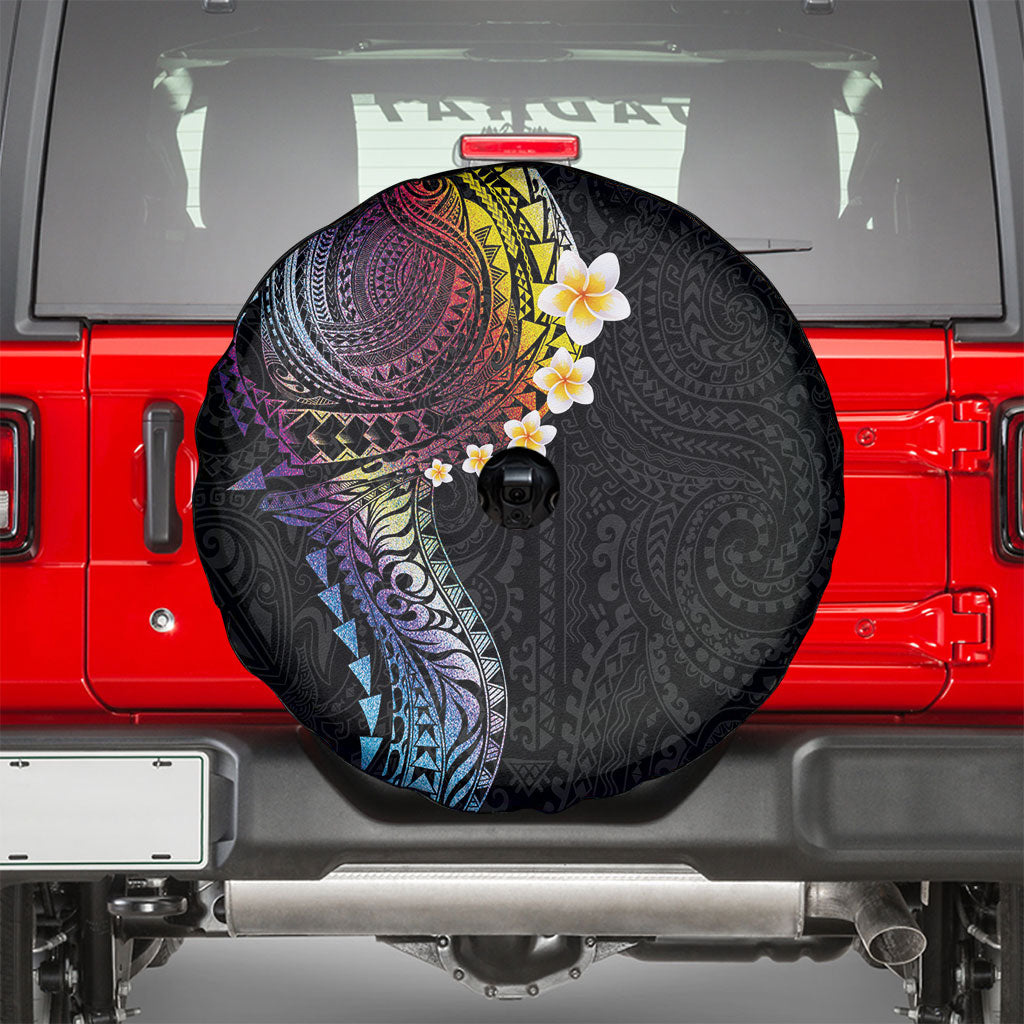 Hawaiian Tribal Tattoo and Plumeria Spare Tire Cover Polynesian Pattern Rainbow