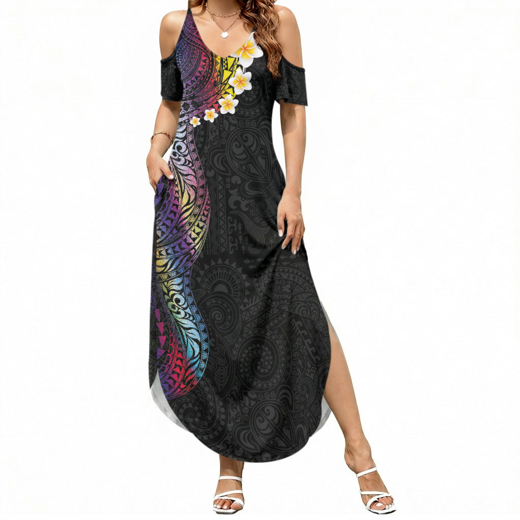 Hawaiian Tribal Tattoo and Plumeria Summer Maxi Dress Polynesian Pattern Rainbow