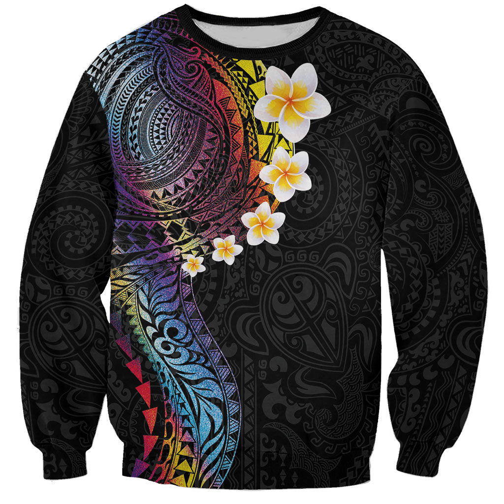 Hawaiian Tribal Tattoo and Plumeria Sweatshirt Polynesian Pattern Rainbow