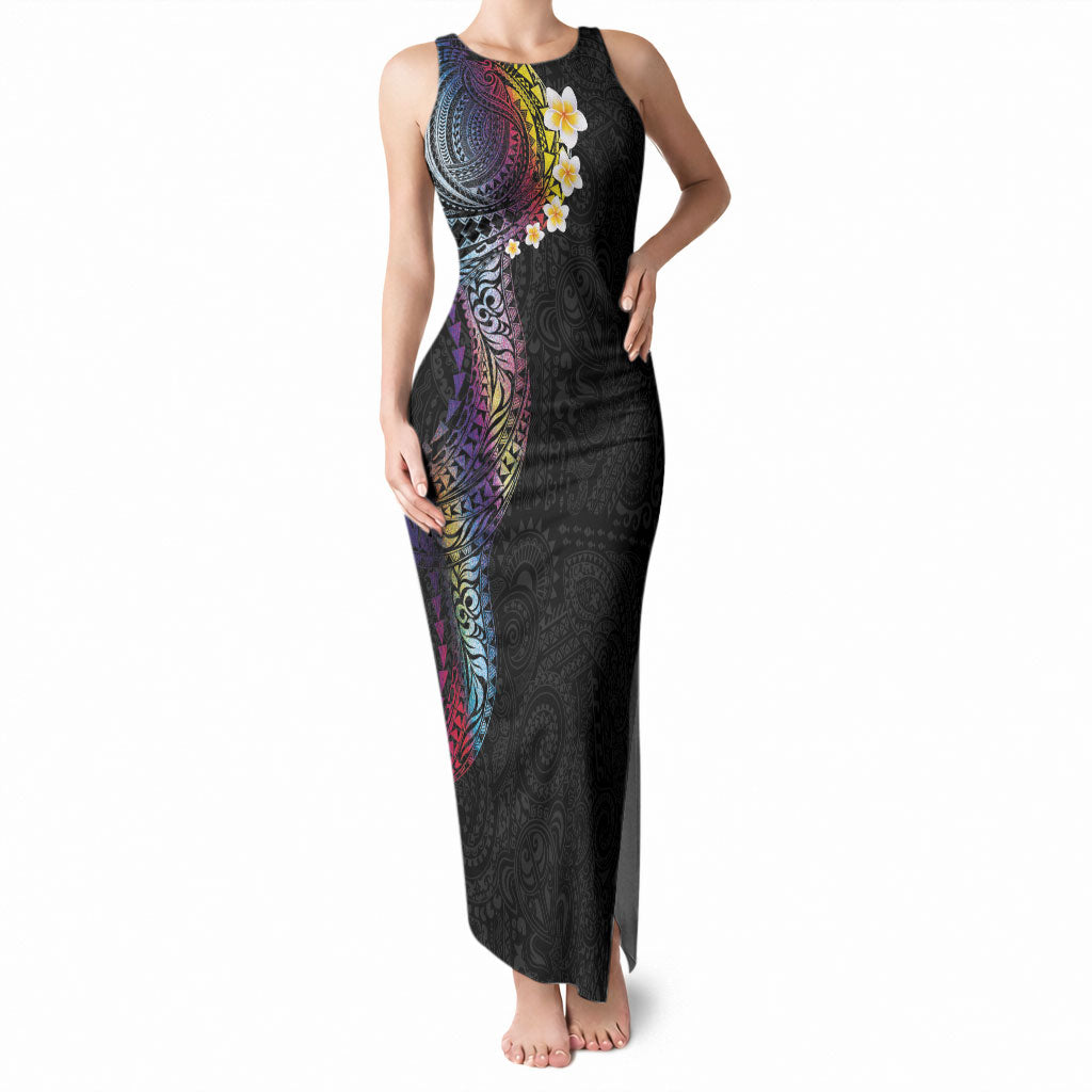 Hawaiian Tribal Tattoo and Plumeria Tank Maxi Dress Polynesian Pattern Rainbow