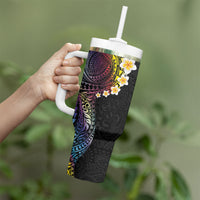 Hawaiian Tribal Tattoo and Plumeria Tumbler With Handle Polynesian Pattern Rainbow