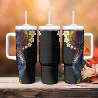 Hawaiian Tribal Tattoo and Plumeria Tumbler With Handle Polynesian Pattern Rainbow
