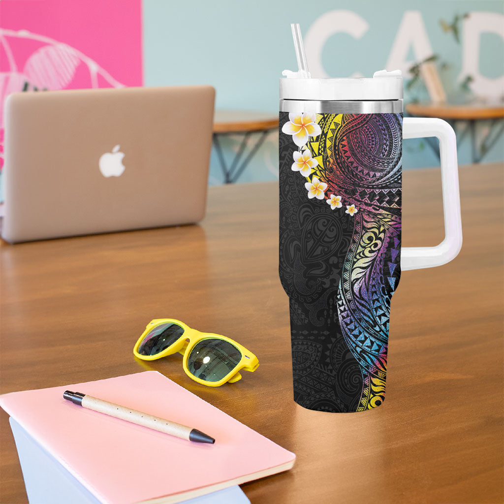 Hawaiian Tribal Tattoo and Plumeria Tumbler With Handle Polynesian Pattern Rainbow