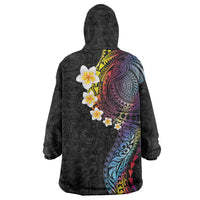Hawaiian Tribal Tattoo and Plumeria Wearable Blanket Hoodie Polynesian Pattern Rainbow