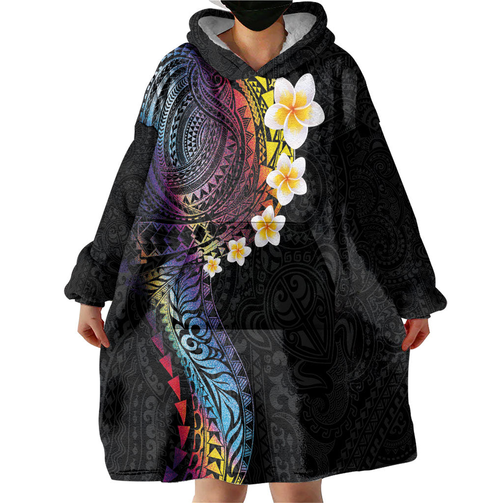 Hawaiian Tribal Tattoo and Plumeria Wearable Blanket Hoodie Polynesian Pattern Rainbow