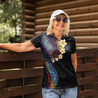 Hawaiian Tribal Tattoo and Plumeria Women Polo Shirt Polynesian Pattern Rainbow