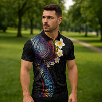 Hawaiian Tribal Tattoo and Plumeria Zipper Polo Shirt Polynesian Pattern Rainbow