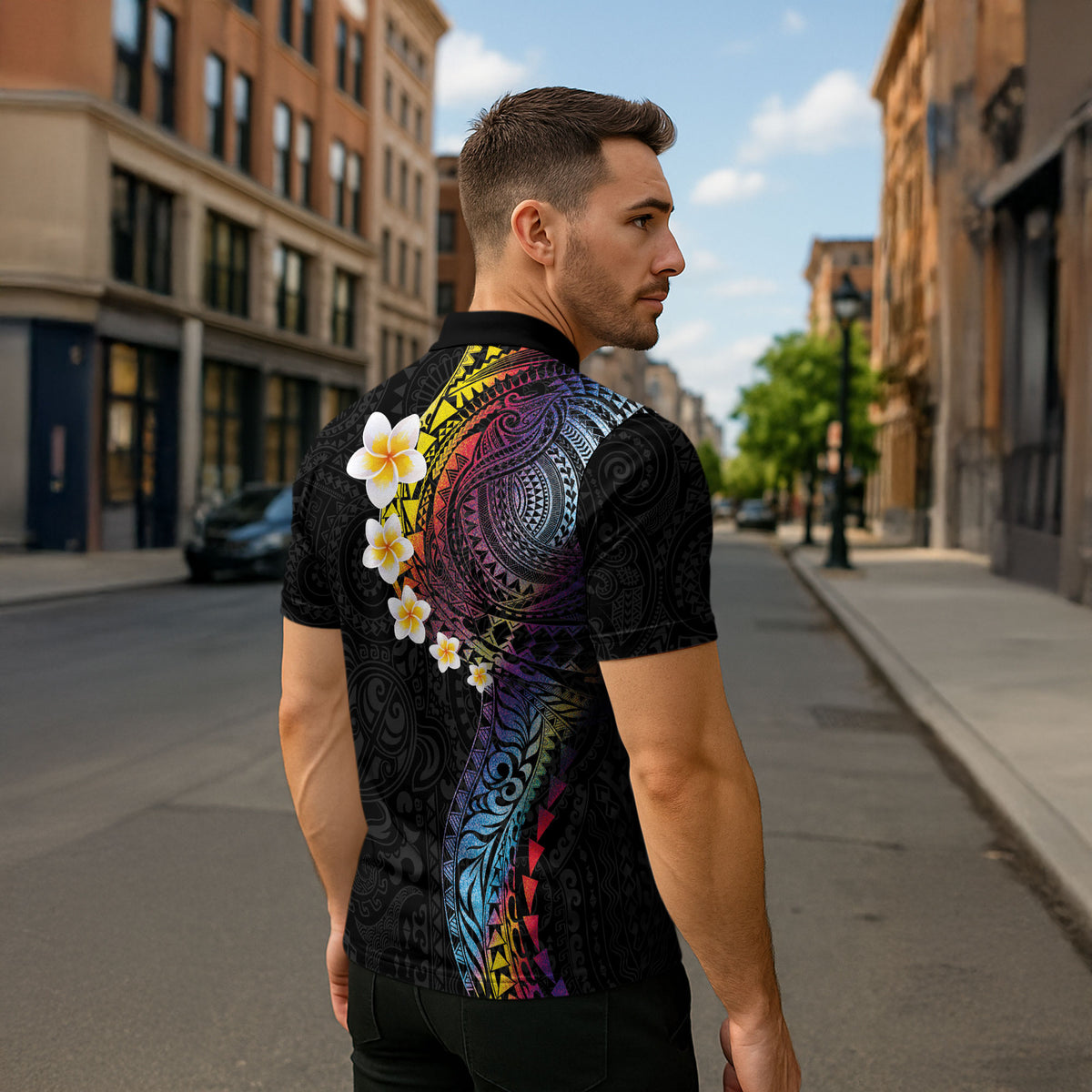 Hawaiian Tribal Tattoo and Plumeria Zipper Polo Shirt Polynesian Pattern Rainbow