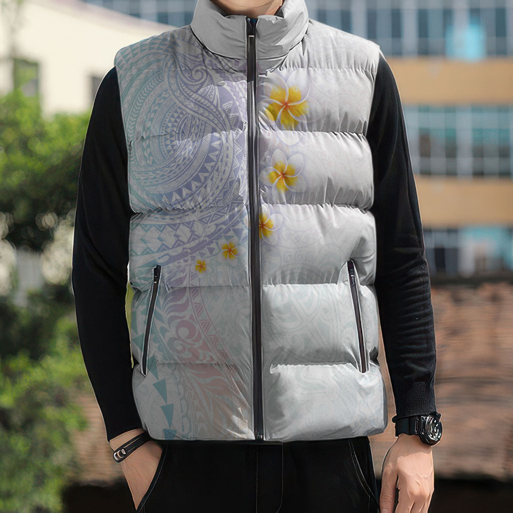 Hawaiian Tribal Tattoo and Plumeria Sleeveless Puffer Jacket Polynesian Pattern Sweet