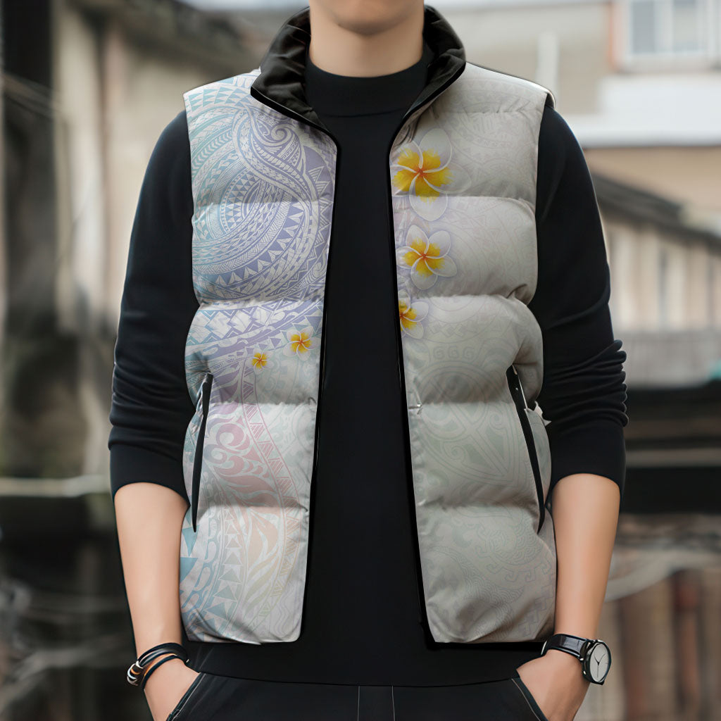 Hawaiian Tribal Tattoo and Plumeria Sleeveless Puffer Jacket Polynesian Pattern Sweet