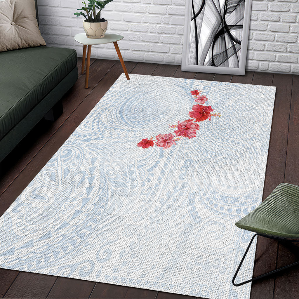 Hawaiian Tribal Tattoo and Hibiscus Area Rug Polynesian Pattern Airy White Blue Cloud