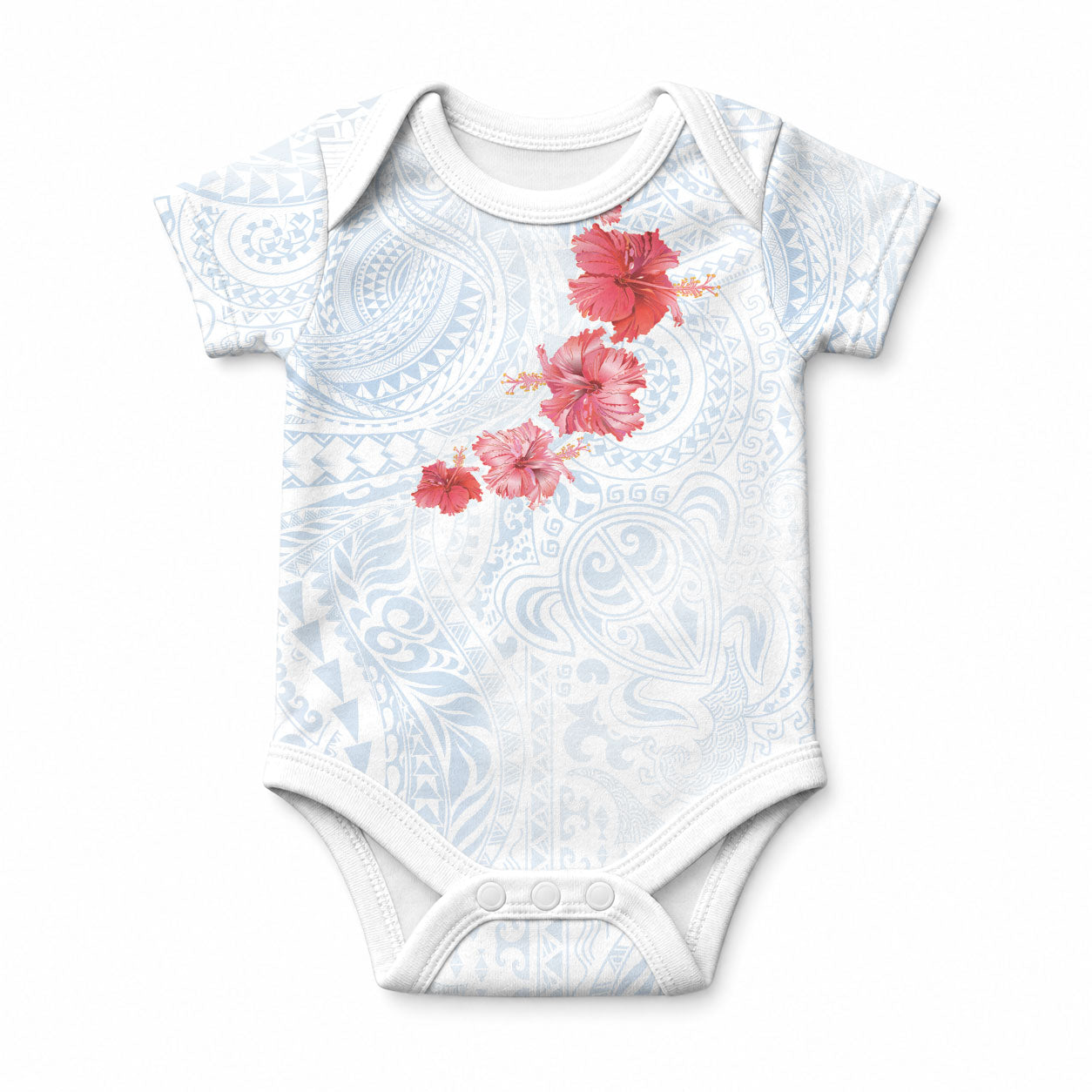 Hawaiian Tribal Tattoo and Hibiscus Baby Onesie Polynesian Pattern Airy White Blue Cloud