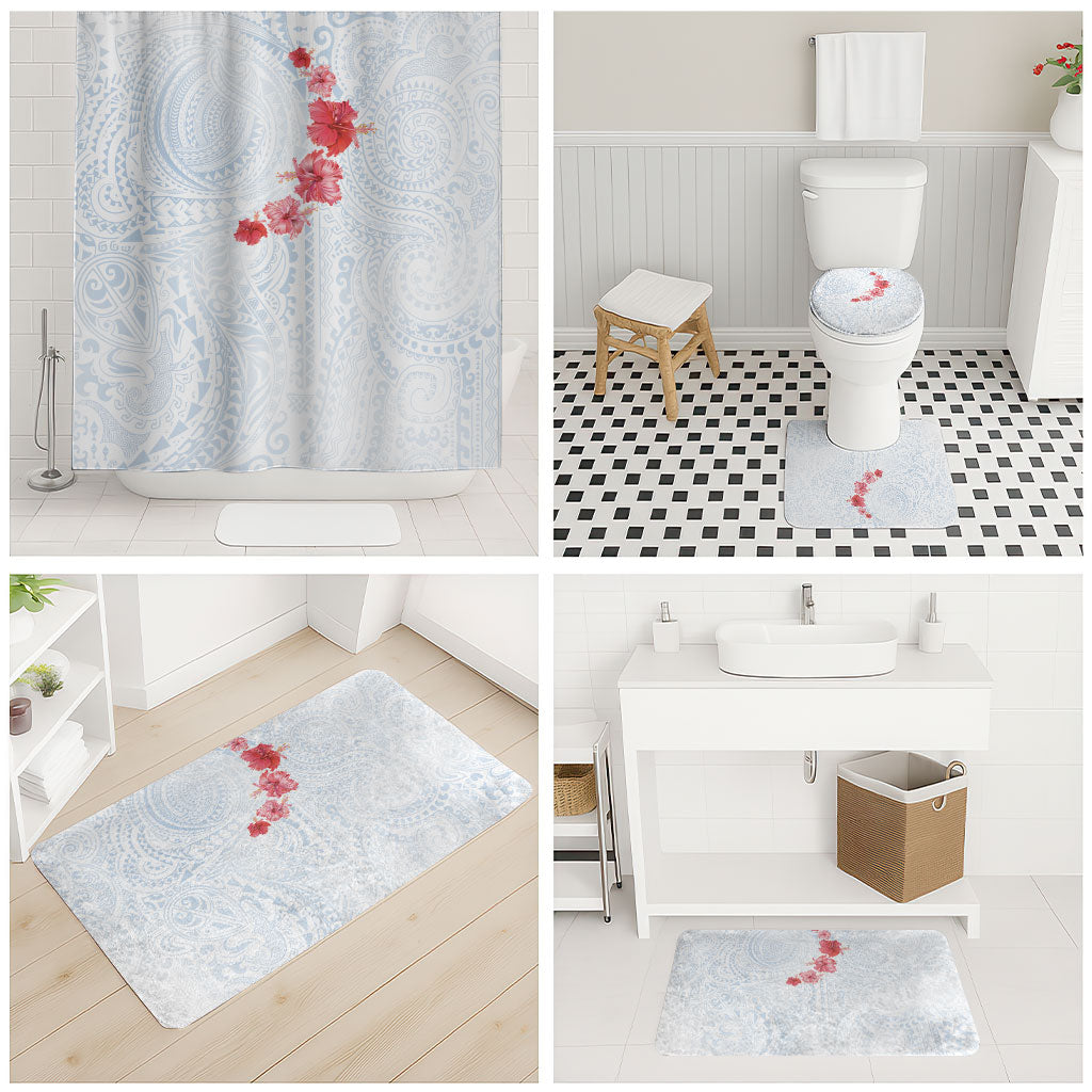 Hawaiian Tribal Tattoo and Hibiscus Bathroom Set Polynesian Pattern Airy White Blue Cloud