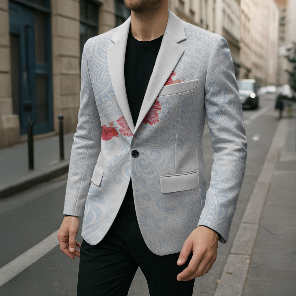 Hawaiian Tribal Tattoo and Hibiscus Blazer Polynesian Pattern Airy White Blue Cloud