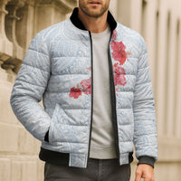Hawaiian Tribal Tattoo and Hibiscus Bomber Puffer Jacket Polynesian Pattern Airy White Blue Cloud