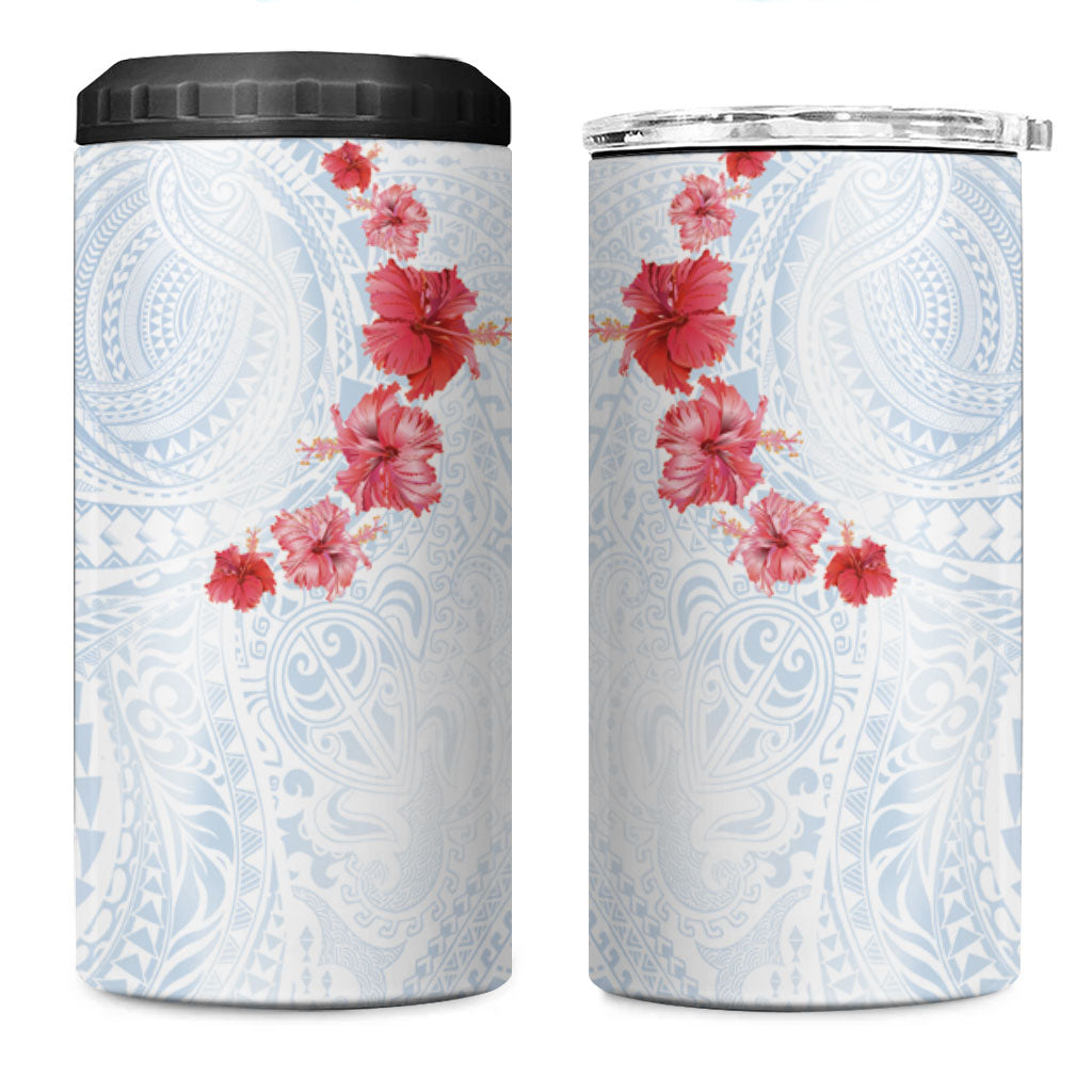 Hawaiian Tribal Tattoo and Hibiscus 4 in 1 Can Cooler Tumbler Polynesian Pattern Airy White Blue Cloud