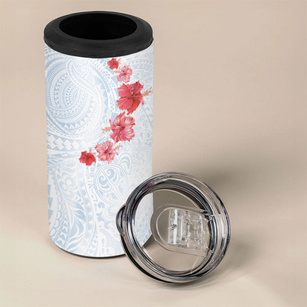 Hawaiian Tribal Tattoo and Hibiscus 4 in 1 Can Cooler Tumbler Polynesian Pattern Airy White Blue Cloud