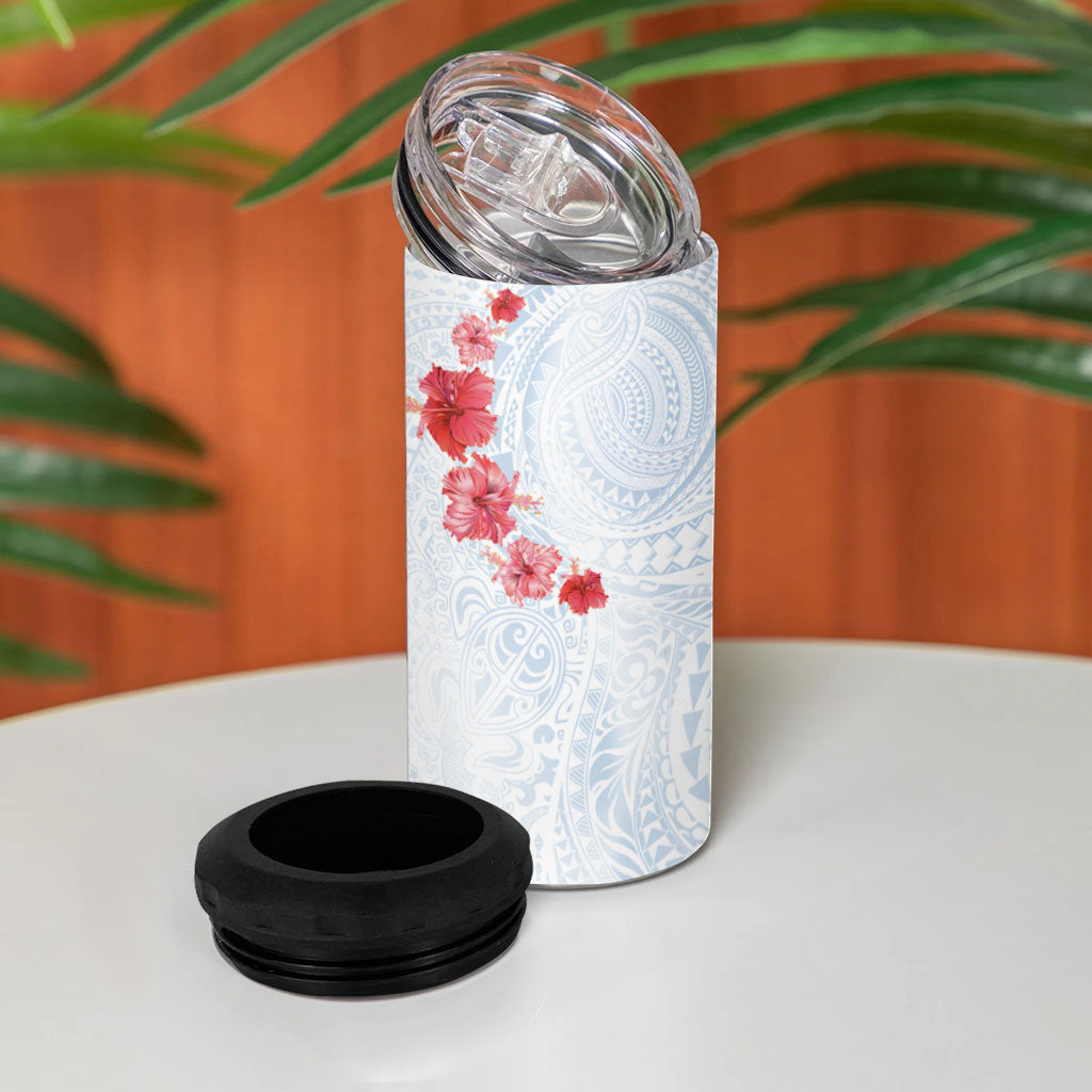 Hawaiian Tribal Tattoo and Hibiscus 4 in 1 Can Cooler Tumbler Polynesian Pattern Airy White Blue Cloud