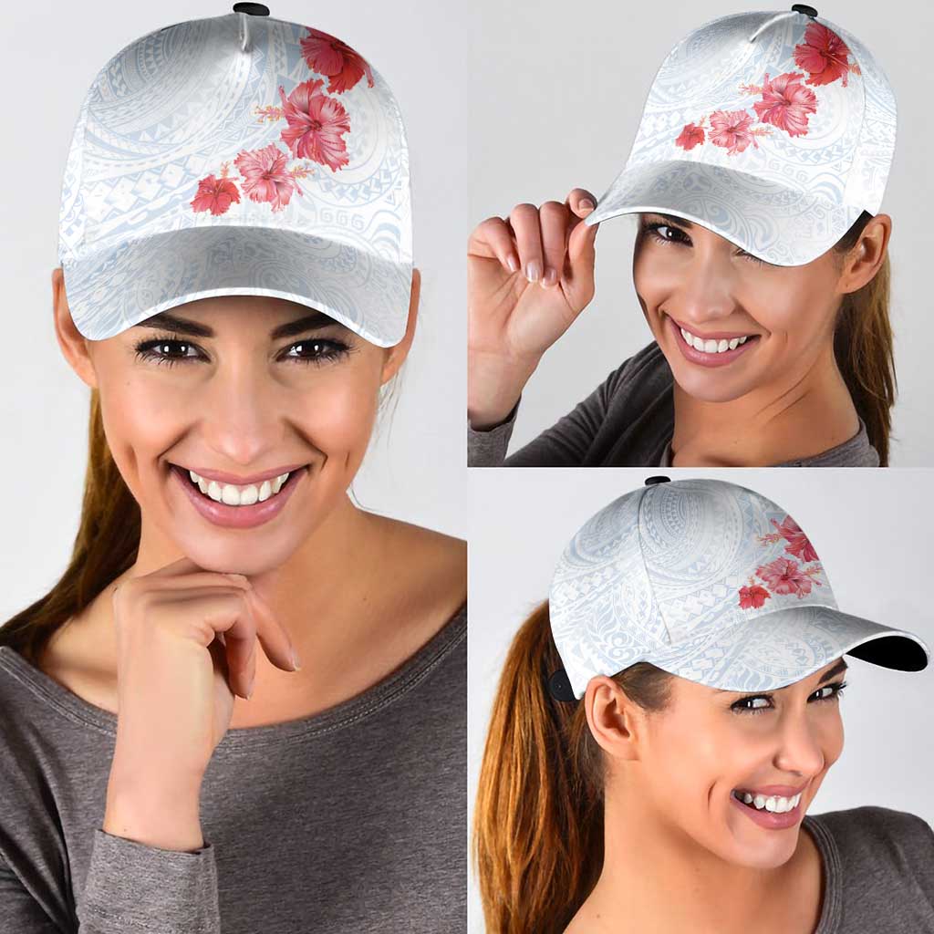 Hawaiian Tribal Tattoo and Hibiscus Classic Cap Polynesian Pattern Airy White Blue Cloud