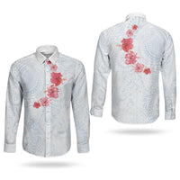 Hawaiian Tribal Tattoo and Hibiscus Couples Matching Summer Maxi Dress and Long Sleeve Button Shirt Polynesian Pattern Airy White Blue Cloud