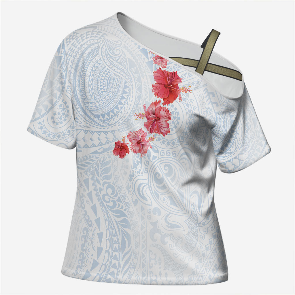 Hawaiian Tribal Tattoo and Hibiscus Cross Shoulder Shirt Polynesian Pattern Airy White Blue Cloud
