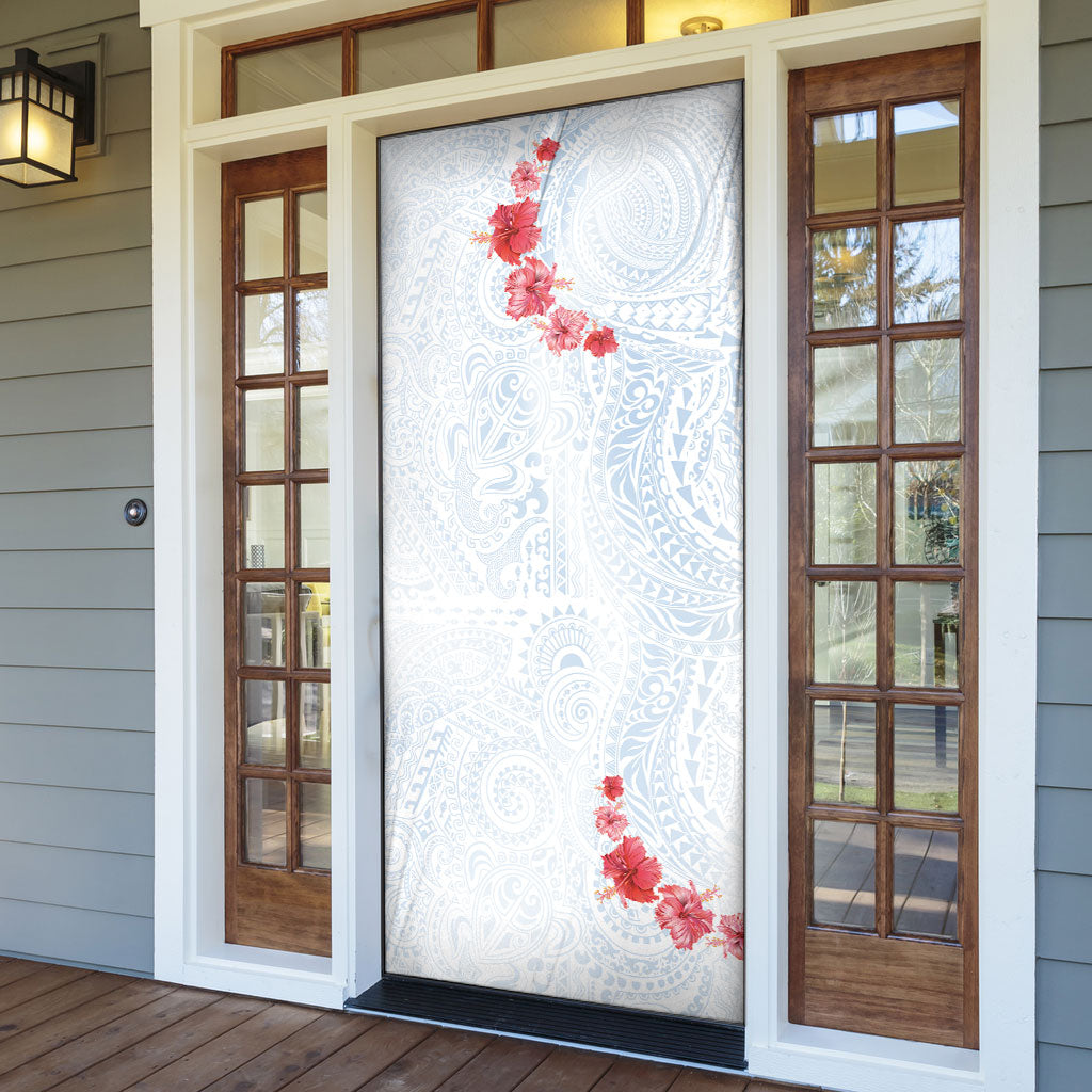 Hawaiian Tribal Tattoo and Hibiscus Door Cover Polynesian Pattern Airy White Blue Cloud