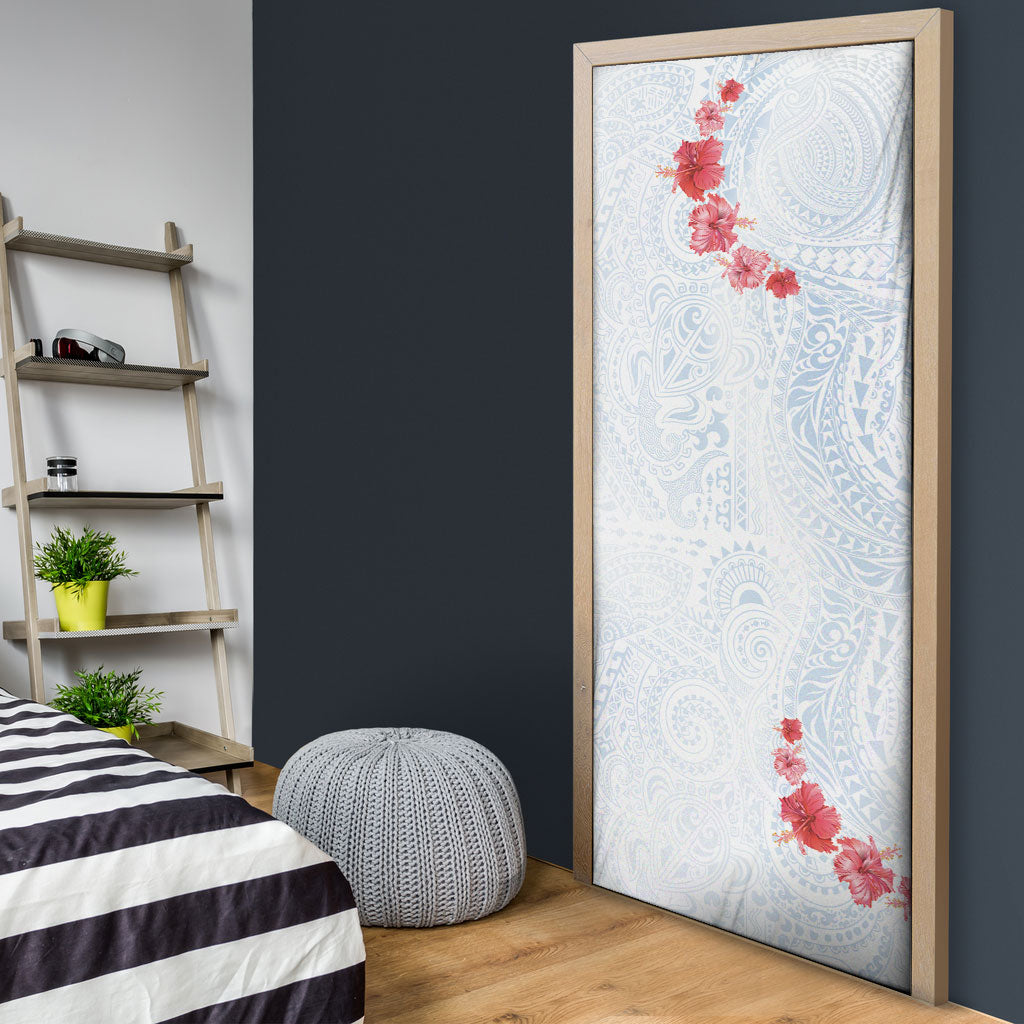Hawaiian Tribal Tattoo and Hibiscus Door Cover Polynesian Pattern Airy White Blue Cloud