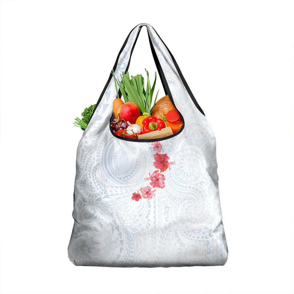 Hawaiian Tribal Tattoo and Hibiscus Grocery Bag Polynesian Pattern Airy White Blue Cloud