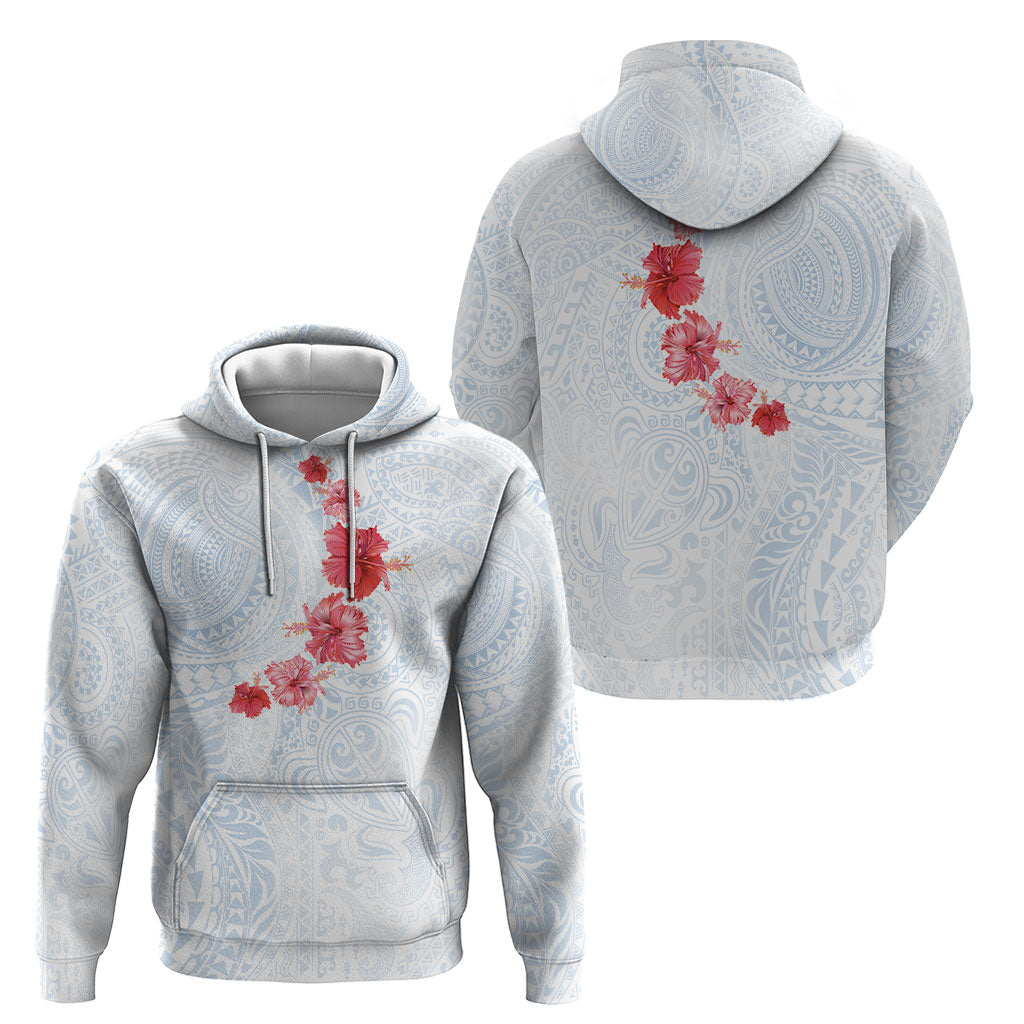 Hawaiian Tribal Tattoo and Hibiscus Hoodie Polynesian Pattern Airy White Blue Cloud