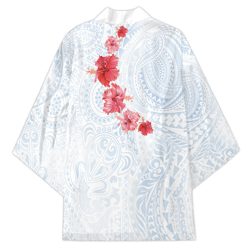 Hawaiian Tribal Tattoo and Hibiscus Kimono Polynesian Pattern Airy White Blue Cloud