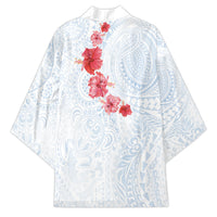 Hawaiian Tribal Tattoo and Hibiscus Kimono Polynesian Pattern Airy White Blue Cloud