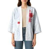 Hawaiian Tribal Tattoo and Hibiscus Kimono Polynesian Pattern Airy White Blue Cloud