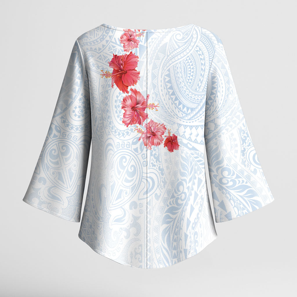 Hawaiian Tribal Tattoo and Hibiscus Kimono Sleeve Blouse Polynesian Pattern Airy White Blue Cloud